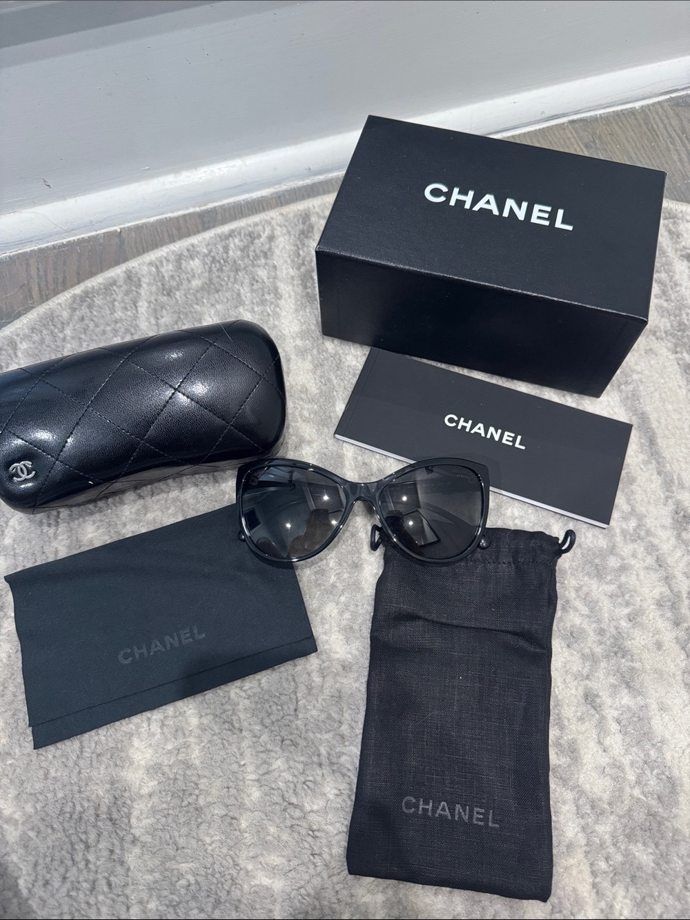 CHANEL Black Oversized cat eye Sunglasses (with box, case, pouch, etc)
